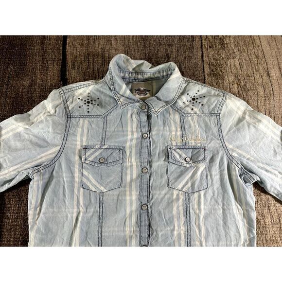 Harley Davidson Motorcycles Womens Blue Large Button Down Pocket Shirt - Picture 4 of 10